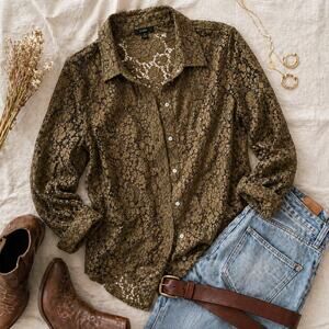 J Crew Olive Green Lace Button Up Blouse Womens Size 12 Sheer Floral Top